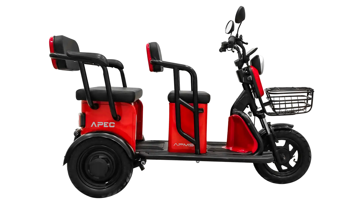 Tricicletă Electrică APEC APM5, Fără Permis, 2 Locuri, Roșie, Motor 1000W, Baterie VRLA GEL 60V 20Ah, Autonomie 36 km, Viteză 25 km/h