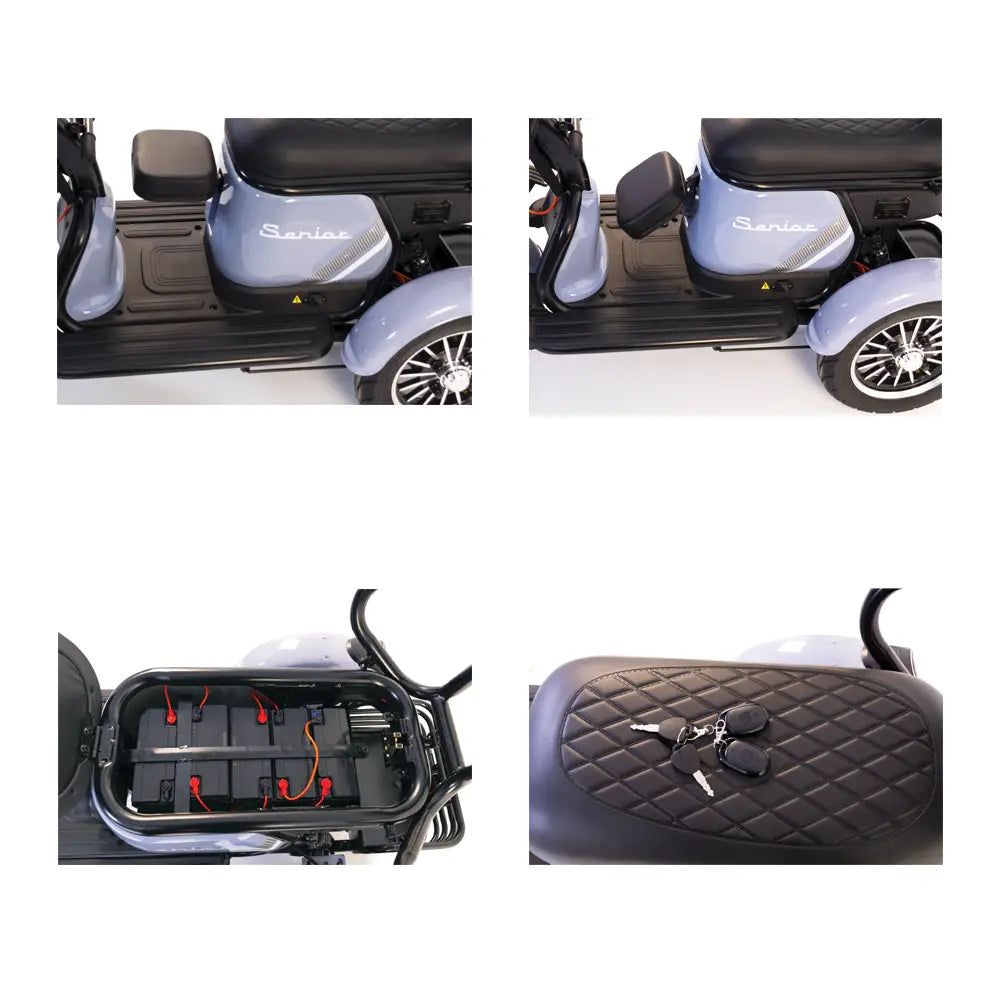 Triciclu electric Rotakt Senior, Motor 1000W, Viteza 25 km/h, Autonomie 62 km, Baterie plumb-acid 60V 20Ah, Greutate maximă 187 kg, Fără permis