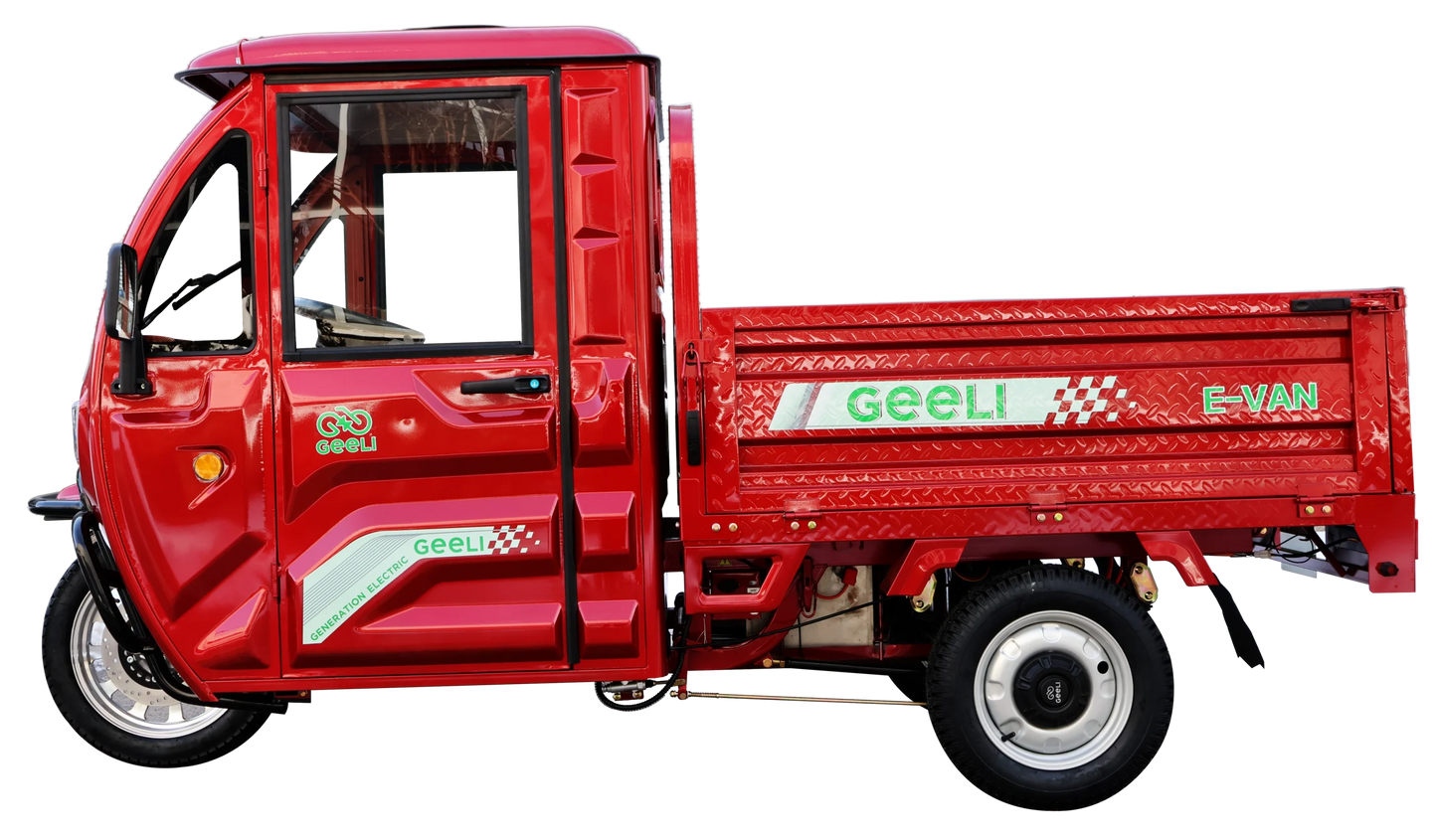 Triciclu Electric (tip Camionetă) Geeli E-Van, Fără Permis, Viteză Maximă 25 km/h, Motor 2000W, Autonomie 79km, cu Cabină, Volan, Benă, Pornire Asistată