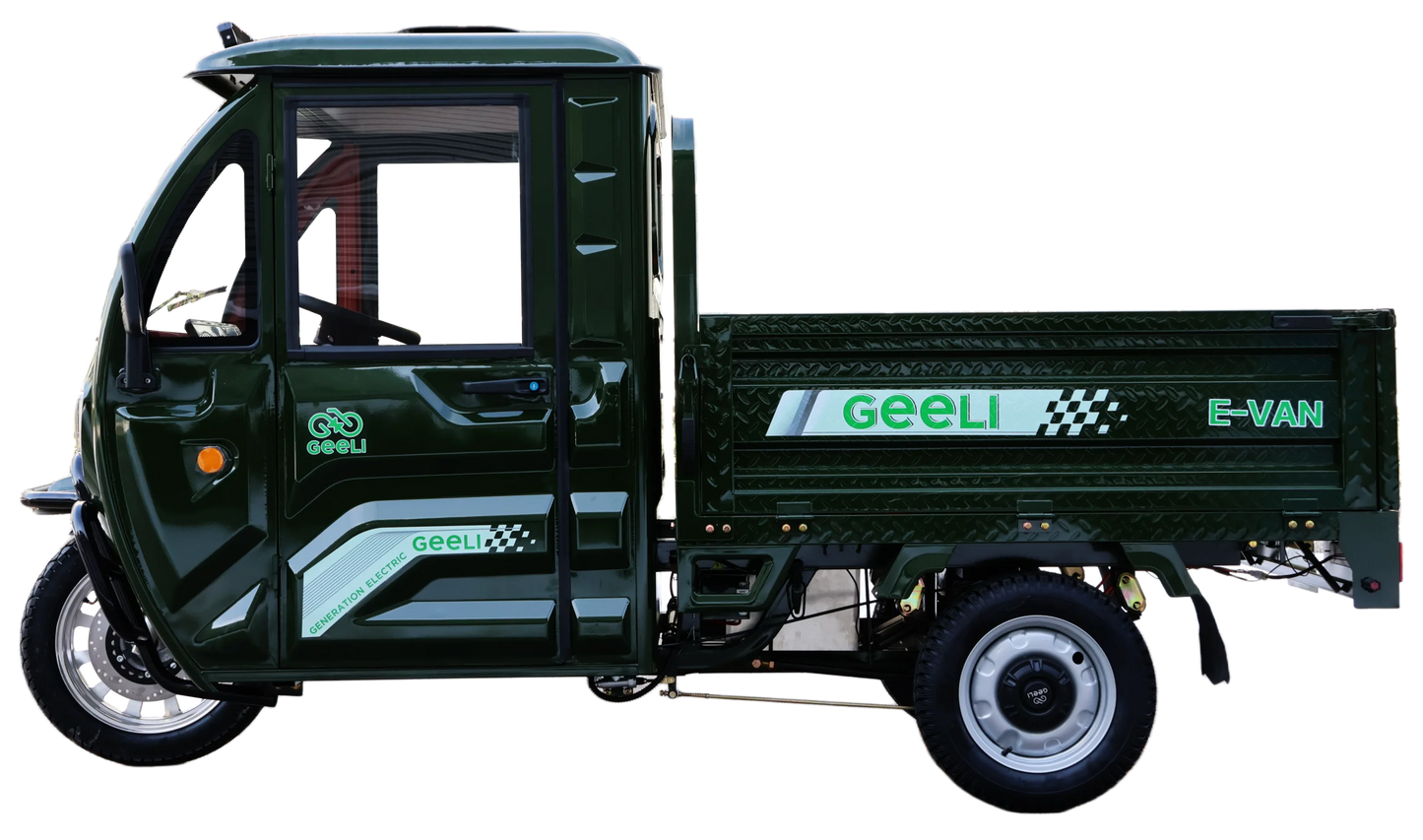 Triciclu Electric (tip Camionetă) Geeli E-Van, Fără Permis, Viteză Maximă 25 km/h, Motor 2000W, Autonomie 79km, cu Cabină, Volan, Benă, Pornire Asistată