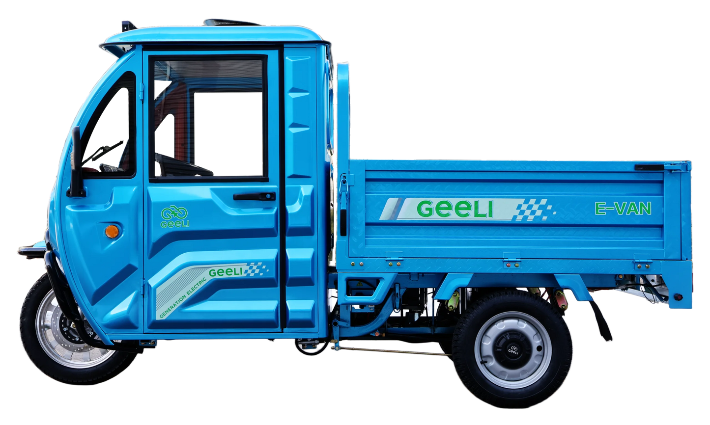 Triciclu Electric (tip Camionetă) Geeli E-Van, Fără Permis, Viteză Maximă 25 km/h, Motor 2000W, Autonomie 79km, cu Cabină, Volan, Benă, Pornire Asistată