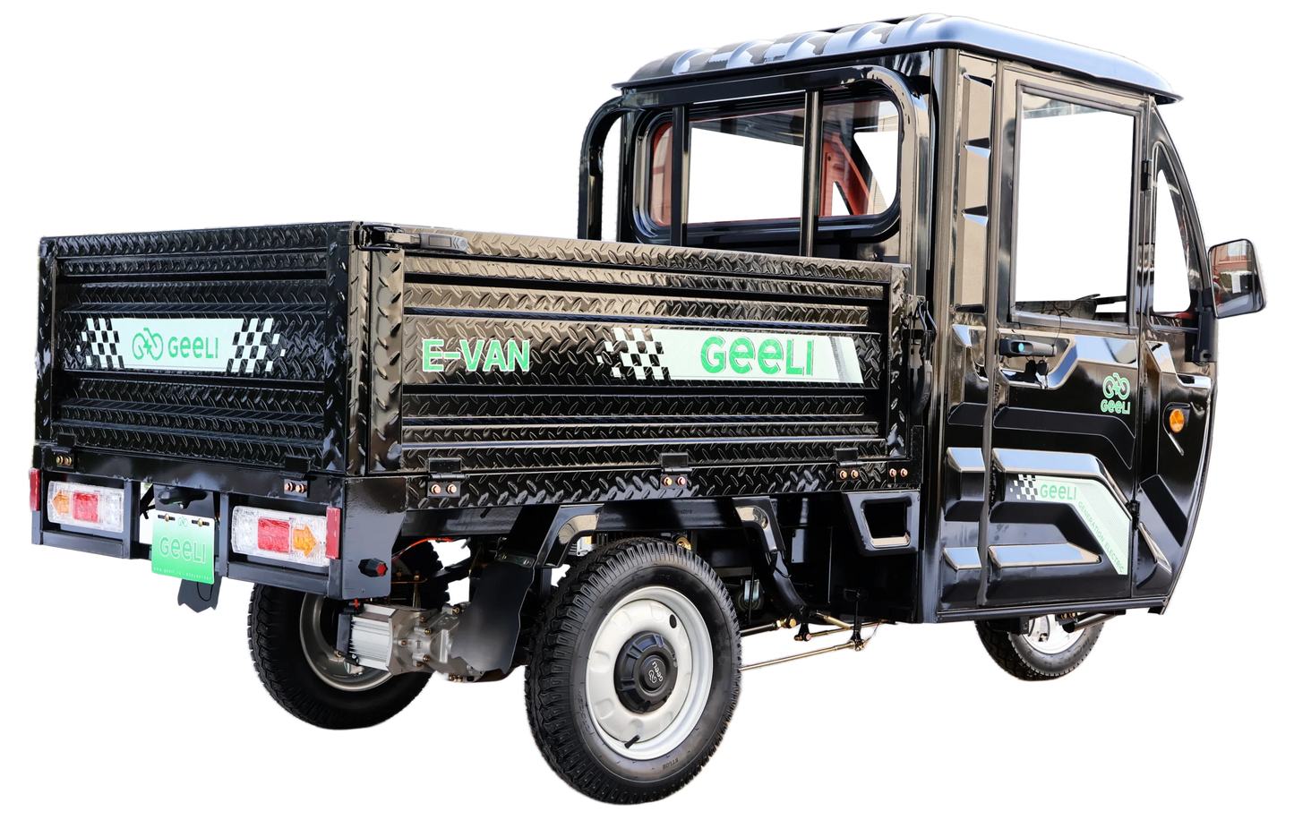Triciclu Electric (tip Camionetă) Geeli E-Van, Fără Permis, Viteză Maximă 25 km/h, Motor 2000W, Autonomie 79km, cu Cabină, Volan, Benă, Pornire Asistată