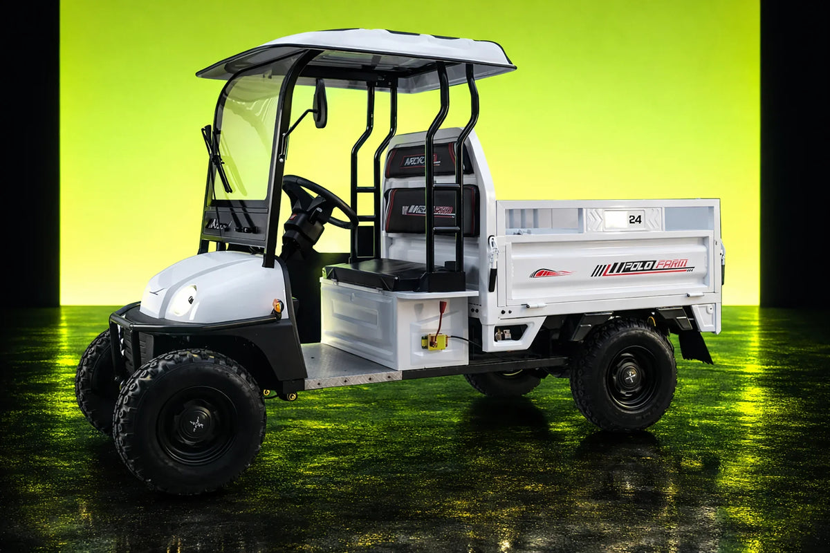 Cvadriciclu electric Arora Polo Farm în alb, profil lateral stânga