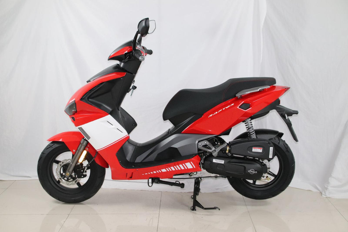 Scuter pe benzină Rotakt Raptor 50cc roșu, vedere laterală stânga