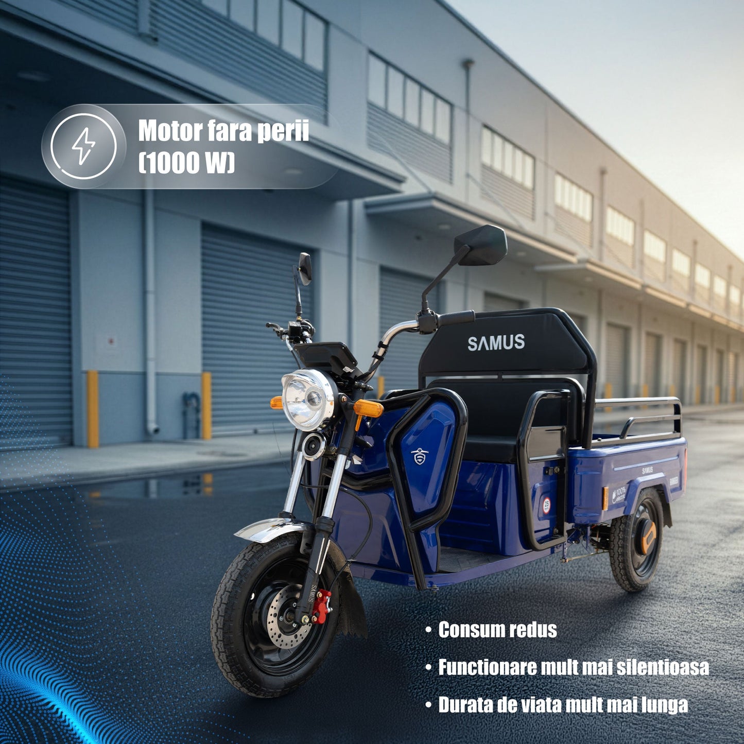 Triciclu electric cargo Samus Ranger albastru, vedere din față-stânga