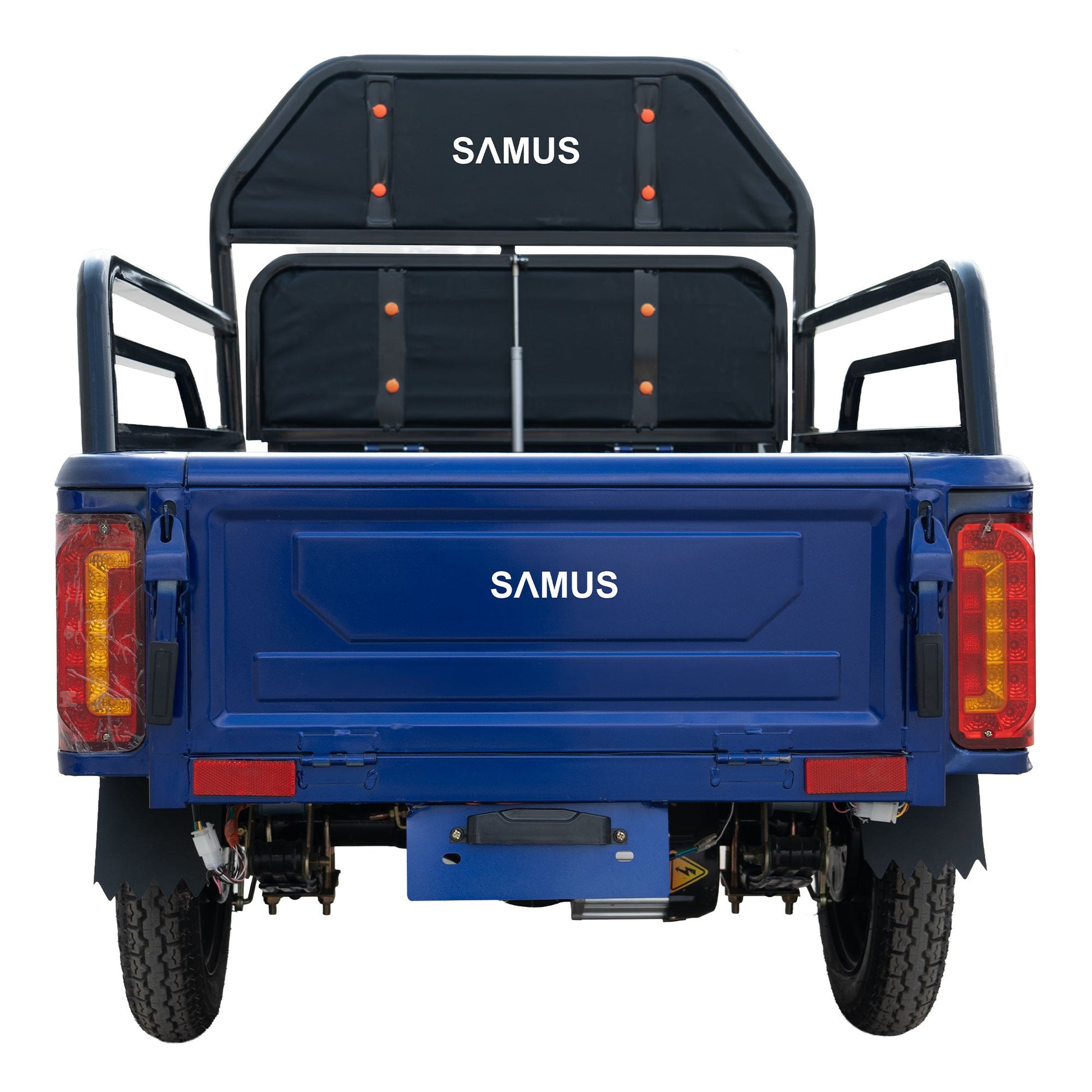 Triciclu electric cargo Samus Ranger albastru, vedere din spate cu bena de marfă