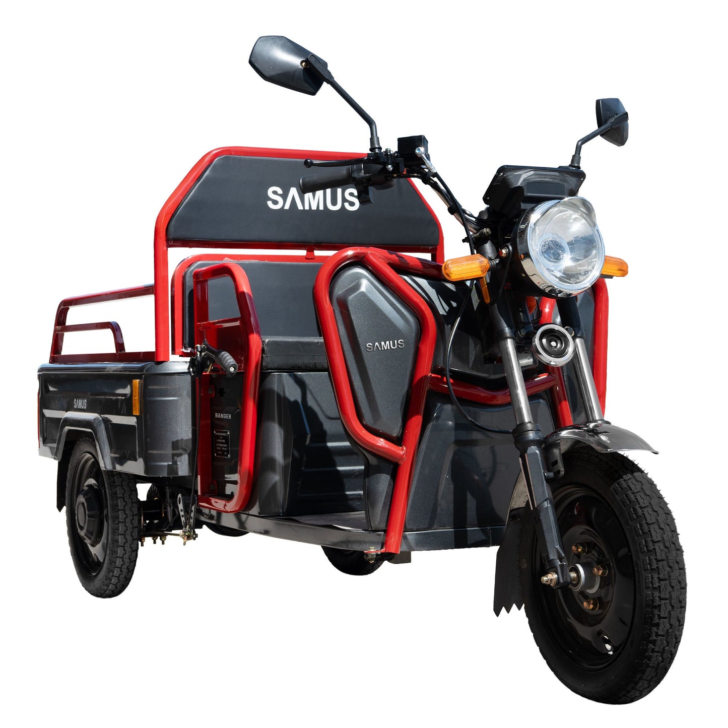 Triciclu electric cargo Samus Ranger gri cu bare roșii, vedere din față-dreapta