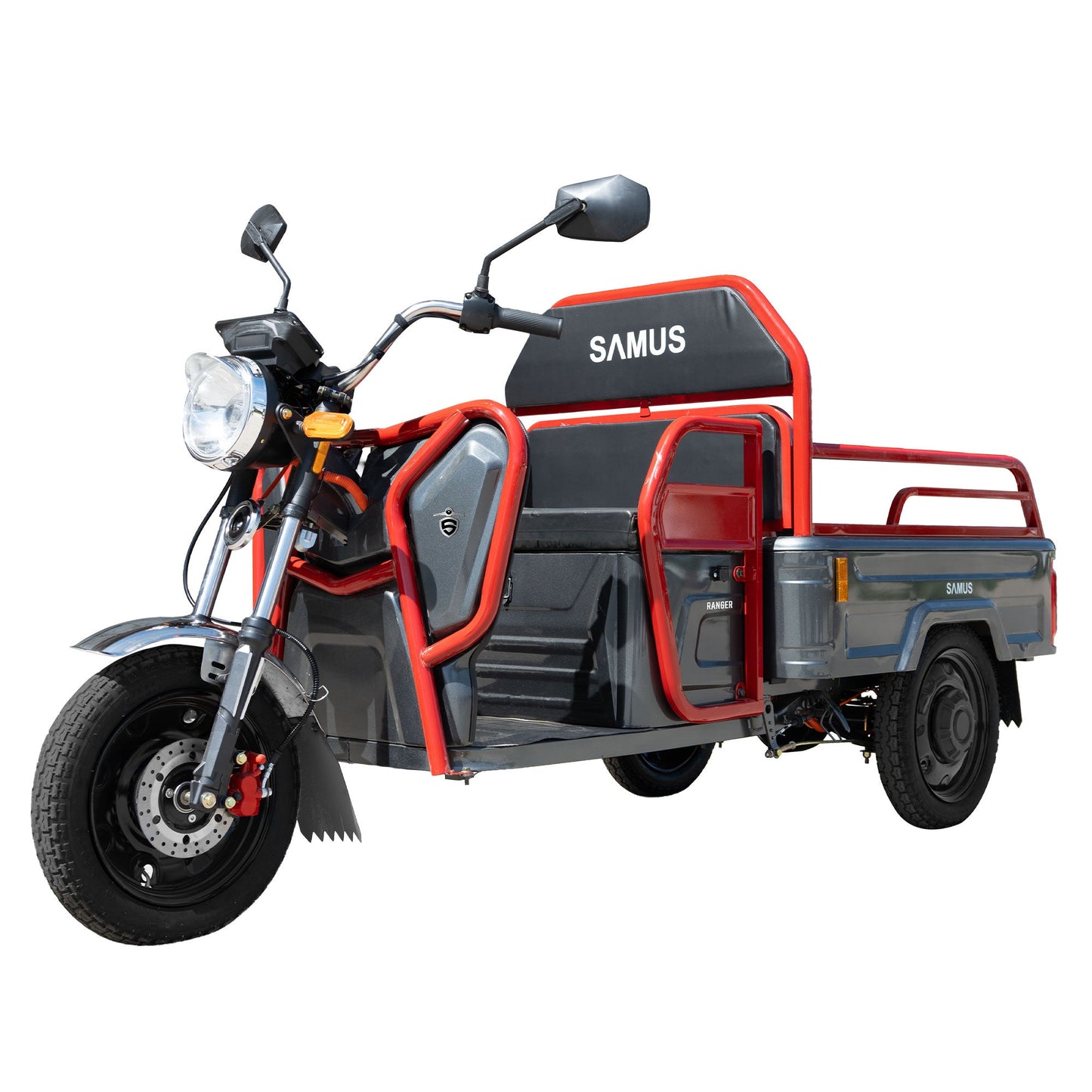 Triciclu electric cargo Samus Ranger gri cu bare roșii, vedere din față-stânga