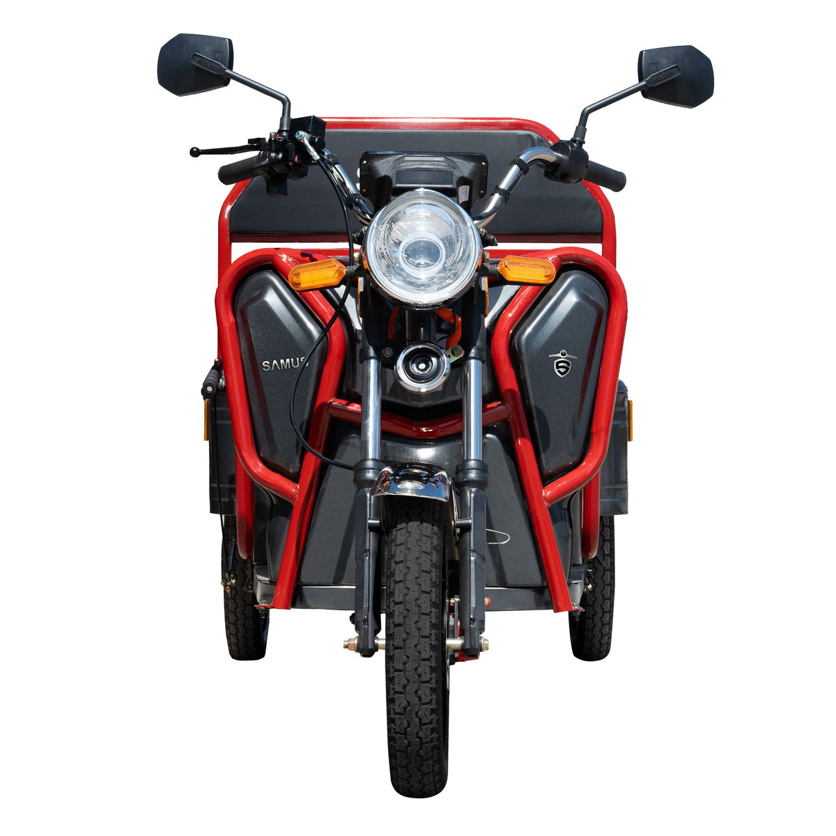 Triciclu electric cargo Samus Ranger gri cu bare roșii, vedere din față