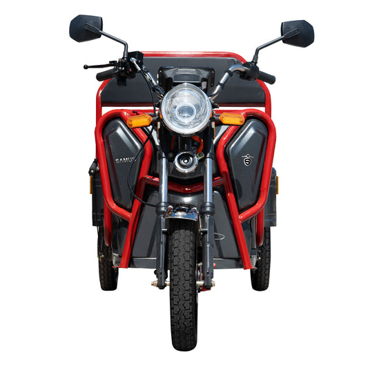 Triciclu electric cargo Samus Ranger gri cu bare roșii, vedere din față