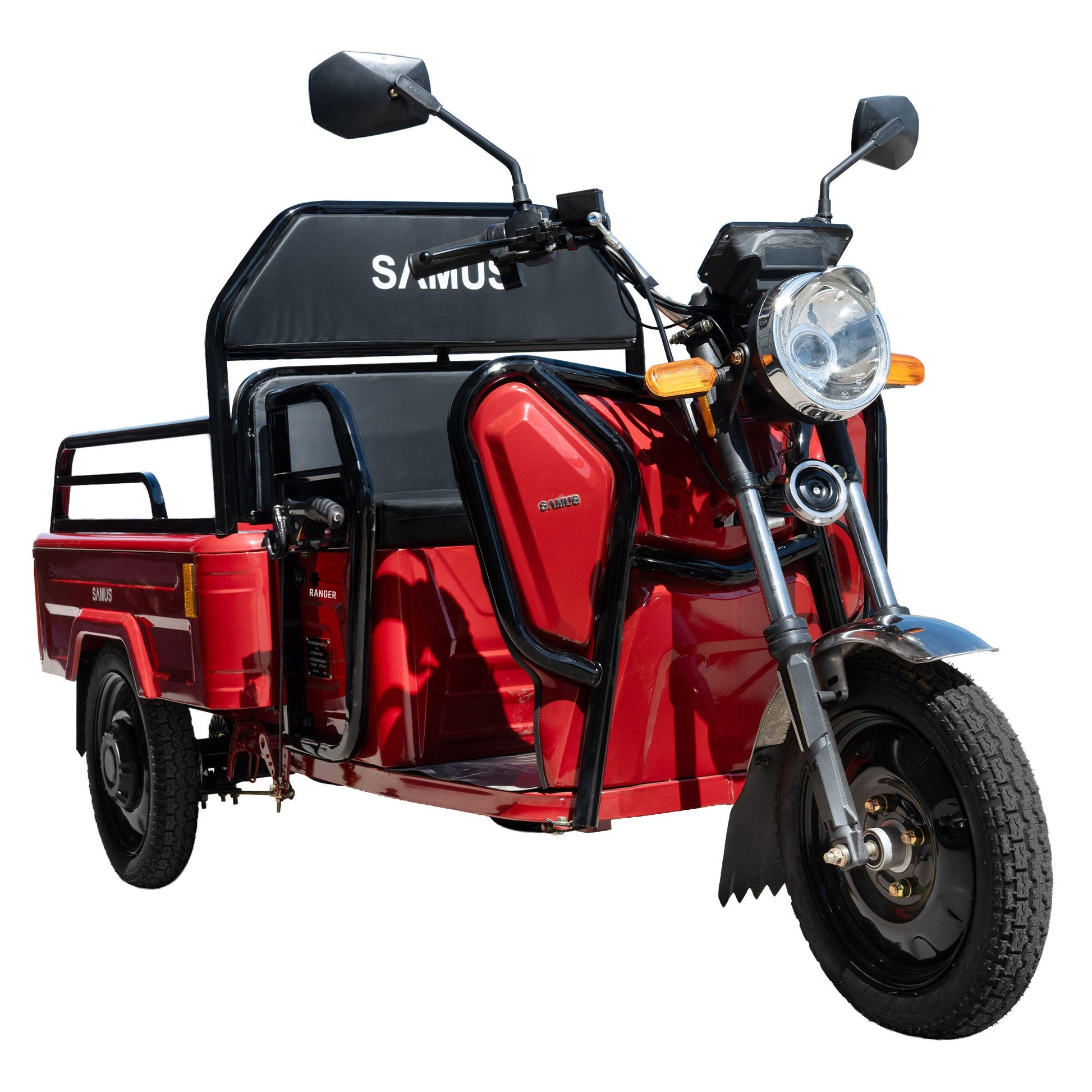 Triciclu electric cargo Samus Ranger roșu, vedere din față-dreapta