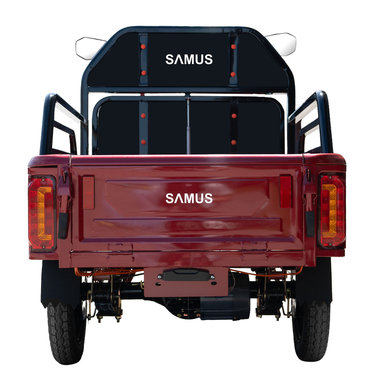 Triciclu electric cargo Samus Ranger roșu, vedere din spate cu oblonul benei