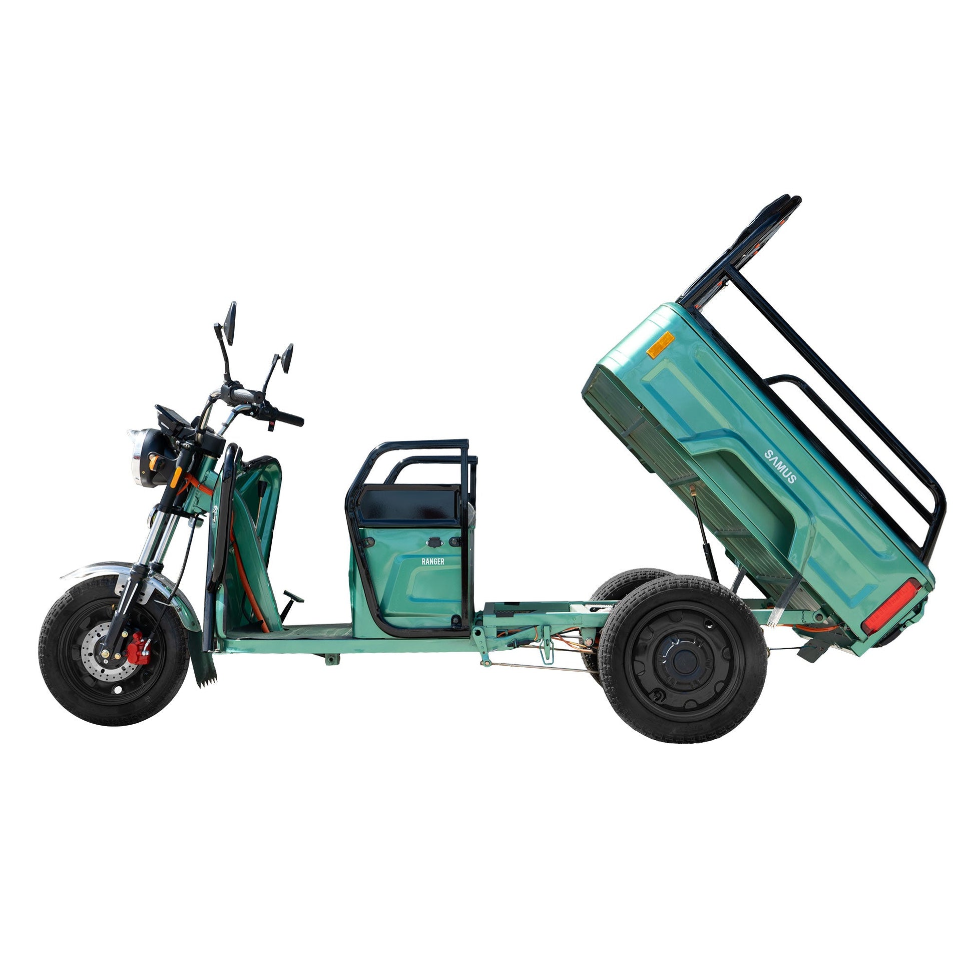 Triciclu electric cargo Samus Ranger verde cu bena basculabilă ridicată