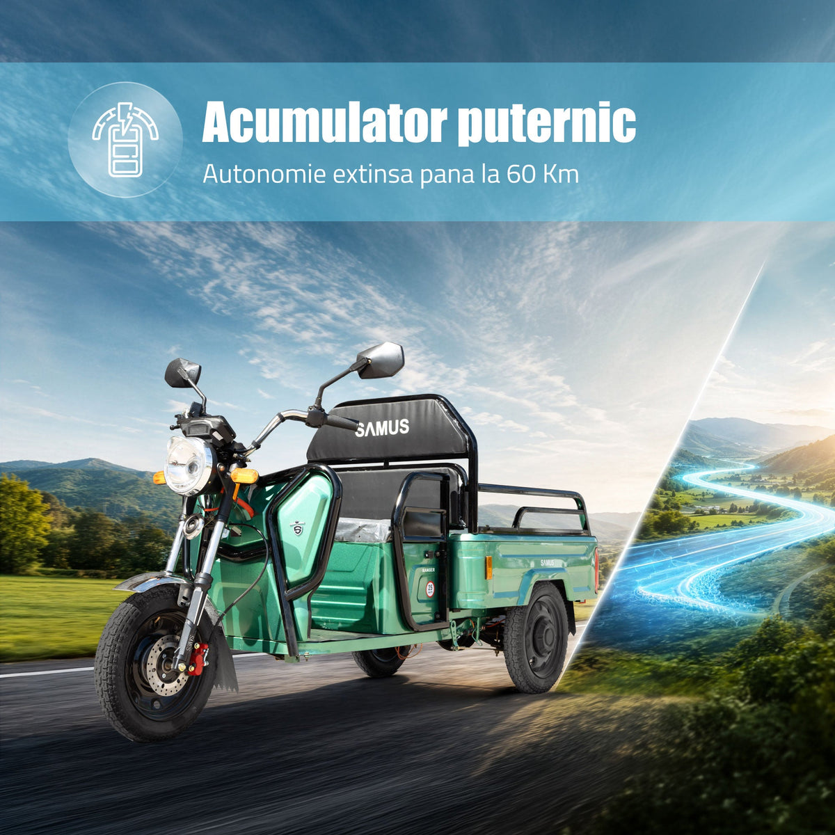 Triciclu electric cargo Samus Ranger verde, vedere din față-stânga
