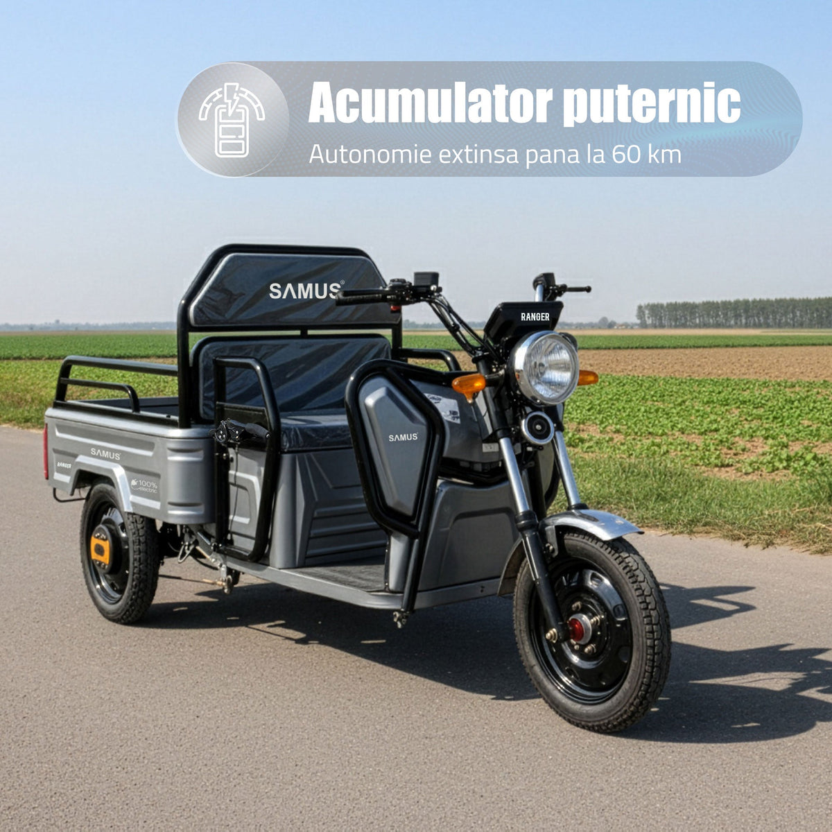 Samus Ranger gri, vedere frontală dreapta a triciclului electric cargo