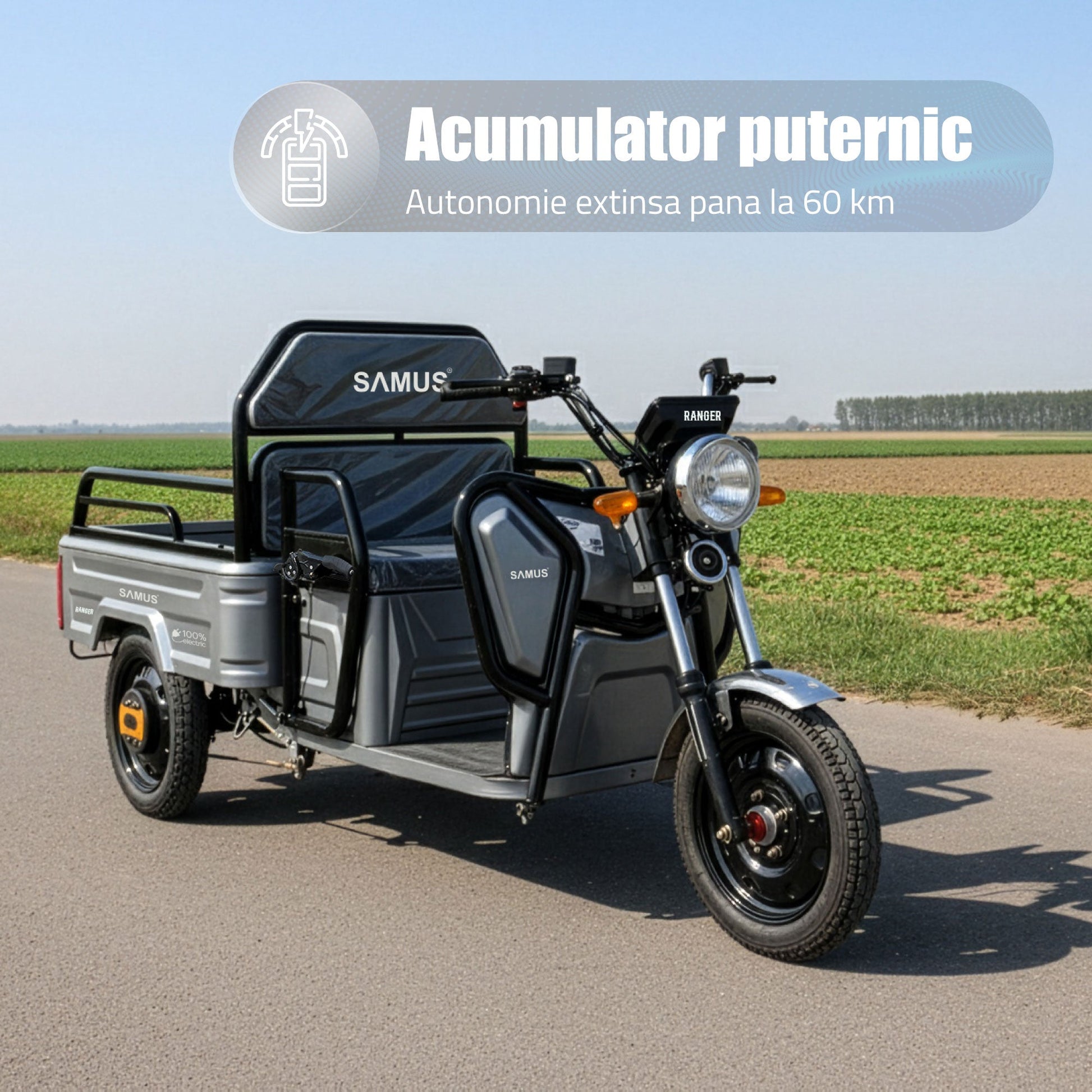 Samus Ranger gri, vedere frontală dreapta a triciclului electric cargo