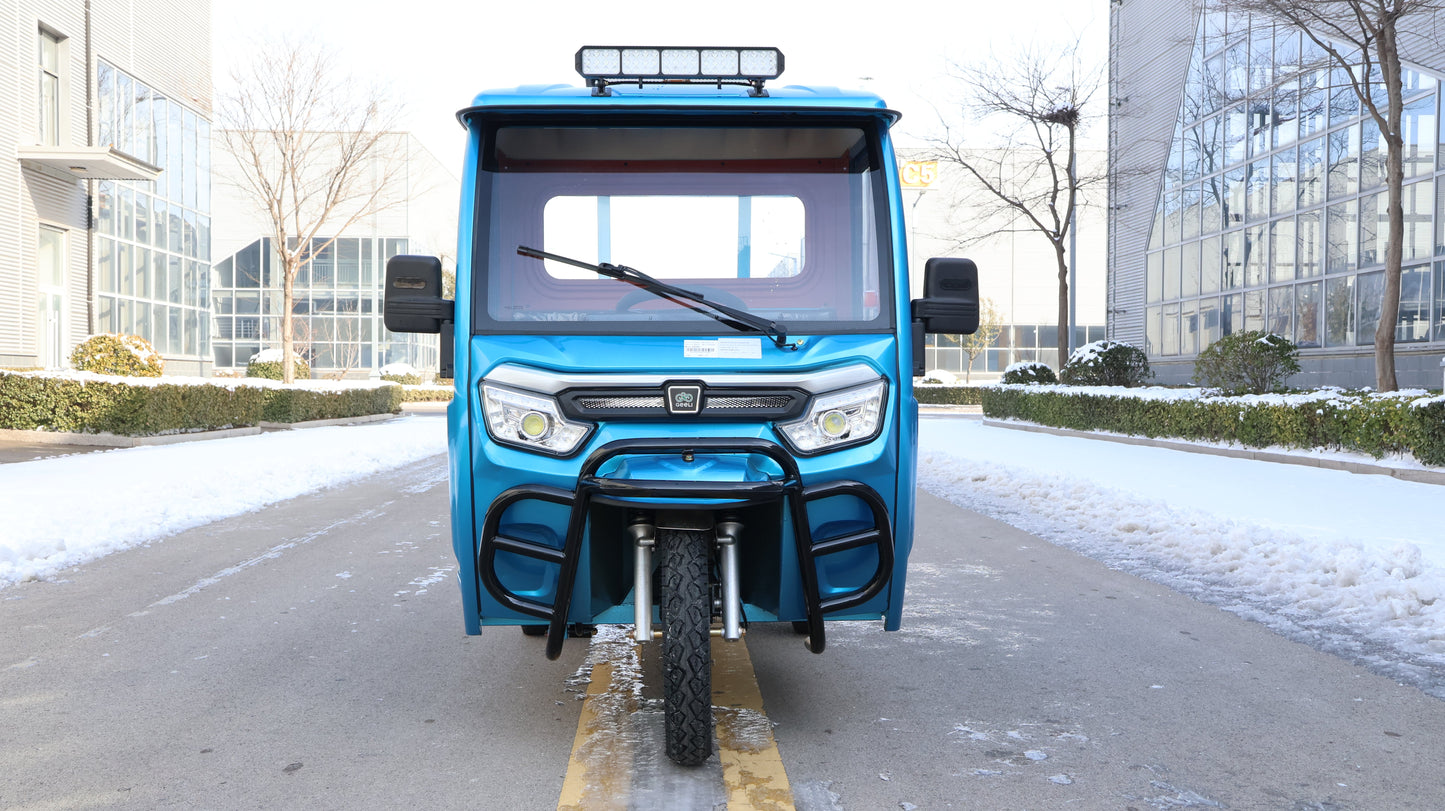 Triciclu electric Geeli E-Van albastru, vedere frontală